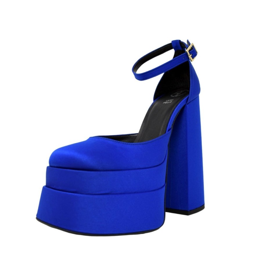 Autunno Inverno STUDIO CREAZIONI | Scarpe Con Doppio Plateau In Raso Blu Made In Italy Tacco 15